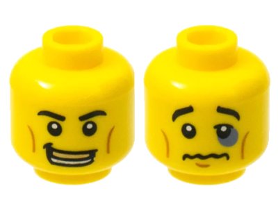 LEGO onderdeel Minifigure, Head Dual Sided Black Eyebrows, White Pupils, Open Smile with Gold Mouth Guard / Black Eye, Crooked Lips Sad Pattern (3626pb0602)