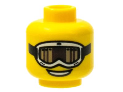 LEGO onderdeel Minifigure, Head White Ski Goggles with Black Strap and Dark Tan and Dark Brown Lens, Open Mouth Smile with Teeth Pattern (3626pb0615)
