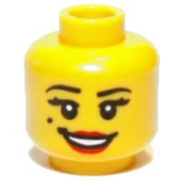 LEGO onderdeel Minifigure, Head Female Black Eyebrows, Eyelashes, and Beauty Mark, Red Lips, Open Mouth Smile with Teeth Pattern 3626pb0658
