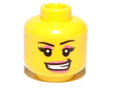 LEGO onderdeel Minifigure, Head Female with Black Eyebrows, Eyelashes, Dark Pink Eye Shadow and Lips, Lopsided Open Mouth Smile with Teeth Pattern (3626pb0673)