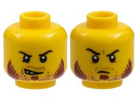 LEGO onderdeel Minifigure, Head Dual Sided Beard Stubble Dark Red, Sideburns, Goatee, Curved Black Eyebrows, Lopsided Open Grin / Determined Pattern 3626pb0995