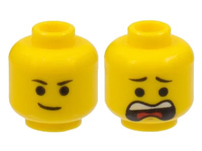 LEGO onderdeel Minifigure, Head Dual Sided Black Eyebrows, Lopsided Smile / Open Mouth Scared Pattern (Emmet) (3626pb1028)