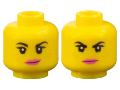 LEGO onderdeel Minifigure, Head Dual Sided Female Black Eyebrows, Eyelashes, Medium Nougat Freckles, Dark Pink Lips, Lopsided Smile / Determined Pattern (3626pb1029)