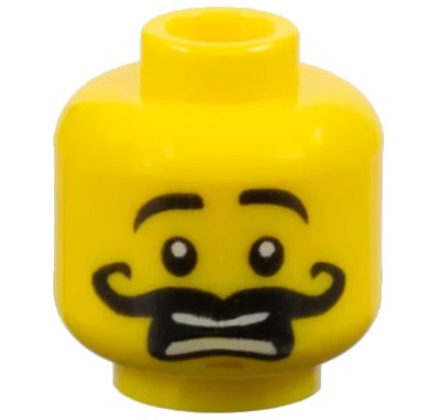 LEGO onderdeel Minifigure, Head Black Eyebrows Raised, Curly Long Moustache, Medium Nougat Chin Dimple, Scared Open Mouth with Teeth Parted Pattern (3626pb1056)