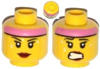 LEGO part Minifigure, Head Dual Sided Female Pink Headband, Sweat Beads, Red Lips, Mouth Closed / Clenched Teeth Pattern 3626pb1075