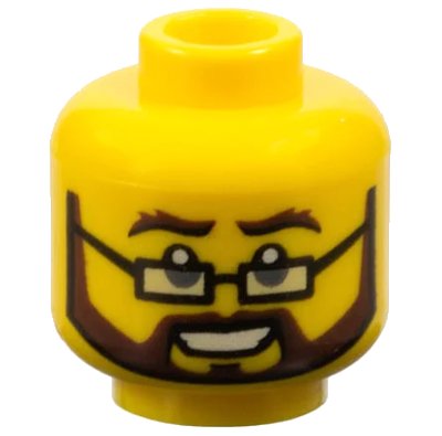 LEGO onderdeel Minifigure, Head Dark Brown Bushy Eyebrows, Full Beard and Moustache, Black Rectangular Glasses, Open Mouth Smile with Teeth Pattern (3626pb1134)