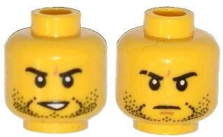 LEGO onderdeel Minifigure, Head Dual Sided Beard Stubble, Black Eyebrows, Determined, Open Mouth / Mouth Closed, Scar on Right Eyebrow Pattern (3626pb1150)