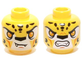 LEGO part Minifigure, Head Dual Sided Alien Chima Leopard with Bright Light Orange Eyes, Fangs and Black Spots, Neutral / Angry Pattern (Lundor) (3626pb1164)