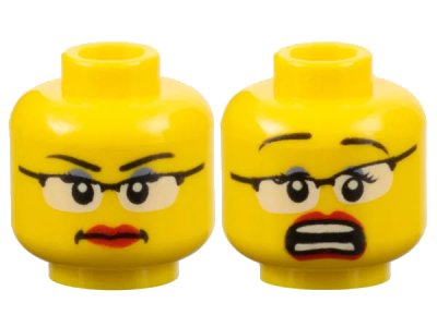 LEGO onderdeel Minifigure, Head Dual Sided Female Glasses with Black Frames, Red Lips, Determined / Scared Pattern (3626pb1181)