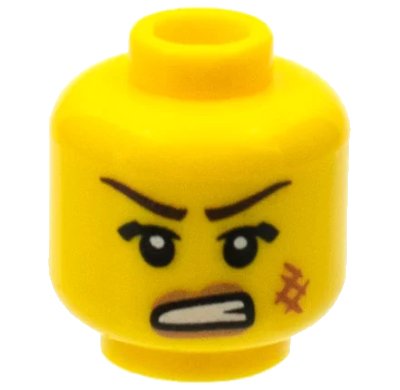 LEGO onderdeel Minifigure, Head Female Dark Brown Thin Eyebrows, Dark Tan Lips, Dark Orange Scuff Mark, Angry Open Mouth with Teeth Pattern (3626pb1183)
