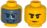 LEGO part Minifigure, Head Dual Sided Black Eyebrows, Mouth Lines / Dark Bluish Gray Visor with Silver Squares, Open Smile with Teeth Pattern 3626pb1250