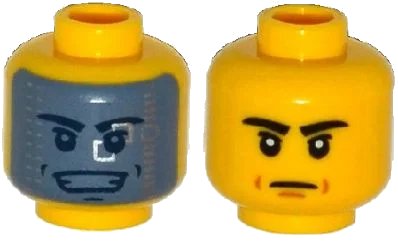 LEGO onderdeel Minifigure, Head Dual Sided Black Eyebrows, Mouth Lines / Dark Bluish Gray Visor with Silver Squares, Open Smile with Teeth Pattern (3626pb1250)