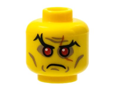 LEGO onderdeel Minifigure, Head Black Eyebrows, Red Sunken Eyes, Scar over Left Eye, Cheek Lines and Wrinkles Pattern (3626pb1251)