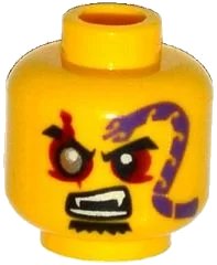 LEGO part Minifigure, Head Black Eyebrows, Red Eyes with Silver Pupil Right, Goatee, Purple Snake Tattoo, Open Mouth with Fangs Pattern 3626pb1325