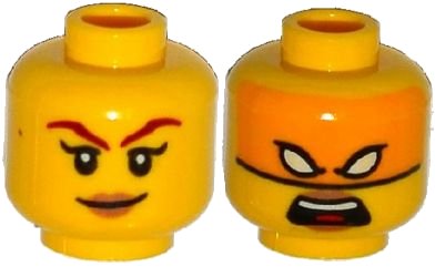 LEGO onderdeel Minifigure, Head Dual Sided Female Dark Red Eyebrows, Dark Tan Lips, Smile / Bright Light Orange Mask, White Eyes, Open Mouth Pattern (3626pb1326)