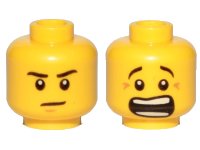 LEGO part Minifigure, Head Dual Sided Black Eyebrows, White Pupils, Brown Chin Dimple, Mouth Open Scared / Mouth Closed Stern Pattern 3626pb1337