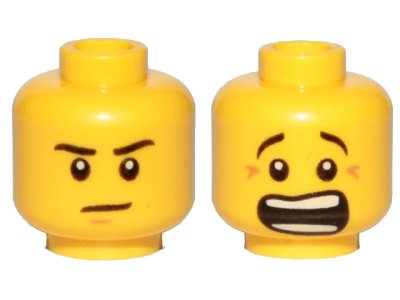 LEGO onderdeel Minifigure, Head Dual Sided Black Eyebrows, White Pupils, Brown Chin Dimple, Mouth Open Scared / Mouth Closed Stern Pattern (3626pb1337)