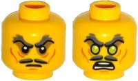 LEGO part Minifigure, Head Dual Sided Moustache Split, Stern Dark Bluish Gray Bushy Eyebrows, Sunken Eyes, Wrinkles / Green Eyes, Angry Pattern 3626pb1338