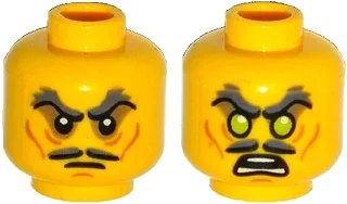 LEGO onderdeel Minifigure, Head Dual Sided Moustache Split, Stern Dark Bluish Gray Bushy Eyebrows, Sunken Eyes, Wrinkles / Green Eyes, Angry Pattern (3626pb1338)