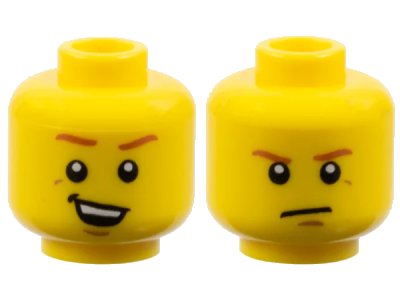 LEGO onderdeel Minifigure, Head Dual Sided Dark Orange Eyebrows, Crooked Smile with Teeth / Determined, Closed Mouth Pattern (3626pb1345)
