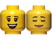 LEGO part Minifigure, Head Dual Sided Female Black Eyebrows, Freckles, Eyelashes, Nougat Lips, Open Mouth Smile with Top Teeth and Tongue / Sleeping Pattern 3626pb1352