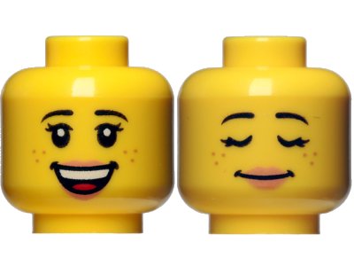 LEGO onderdeel Minifigure, Head Dual Sided Female Black Eyebrows, Freckles, Eyelashes, Nougat Lips, Open Mouth Smile with Top Teeth and Tongue / Sleeping Pattern (3626pb1352)