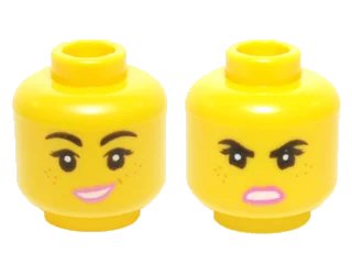 LEGO onderdeel Minifigure, Head Dual Sided Female Black Eyebrows, Eyelashes, Freckles, Dark Pink Lips, Lopsided Open Mouth Smile Small with Teeth / Angry Pattern (3626pb1358)