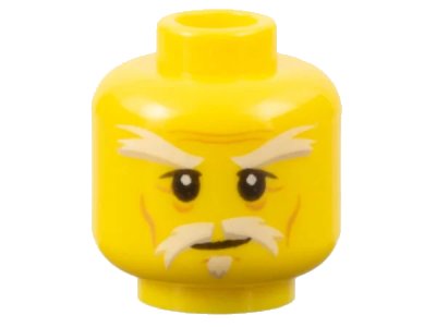 LEGO onderdeel Minifigure, Head White Bushy Eyebrows, Moustache and Soul Patch, Upper Eyelids, Medium Nougat Cheek Lines and Wrinkles, Slight Grin Pattern (3626pb1397)