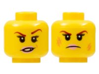 LEGO part Minifigure, Head Dual Sided Female Dark Red Eyebrows, Pink Lips, Frown, Scratches / Eyebrow Raised, Chipped Toothed Smirk Pattern 3626pb1503