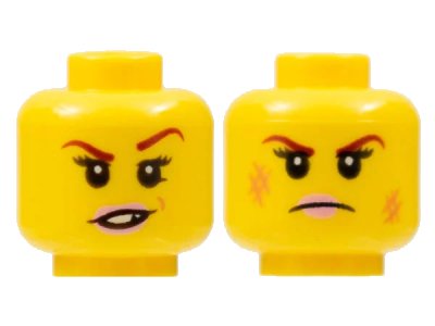 LEGO onderdeel Minifigure, Head Dual Sided Female Dark Red Eyebrows, Pink Lips, Frown, Scratches / Eyebrow Raised, Chipped Toothed Smirk Pattern (3626pb1503)