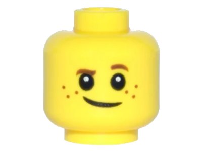 LEGO onderdeel Minifigure, Head Child Brown Eyebrows, Raised Left Eyebrow, Freckles, White Pupils, Crooked Smile Pattern (3626pb1508)