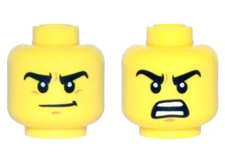 LEGO onderdeel Minifigure, Head Dual Sided Thick Black Eyebrows, Medium Nougat Chin Dimple, Determined Smirk / Open Mouth Scowl with Teeth Parted Pattern (3626pb1509)
