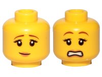 LEGO part Minifigure, Head Dual Sided Female Reddish Brown Eyebrows, Black Eyelashes, Nougat Lips, Slight Grin / Scared Open Mouth with Teeth Pattern 3626pb1571