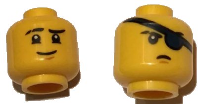 LEGO onderdeel Minifigure, Head Dual Sided Scarred Right Eyebrow, Chin Dimple, Smile / Stern, Eye Patch Pattern (3626pb1583)