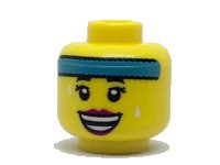 LEGO part Minifigure, Head Female Dark Azure Headband, Black Eyebrows, Eyelashes, White Sweat Drops, Magenta Lips, Open Mouth Smile with Teeth Parted Pattern 3626pb1816