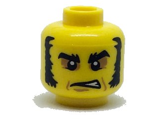LEGO onderdeel Minifigure, Head Black Eyebrows and Muttonchops, Dark Tan Around Eyes, Gruff Expression Pattern (3626pb1824)