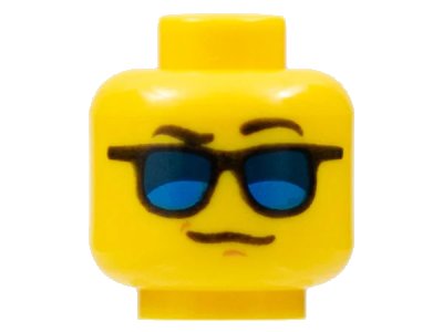 LEGO onderdeel Minifigure, Head Glasses with Blue Sunglasses, Black Eyebrows, Left Eyebrow Raised Pattern (3626pb1837)