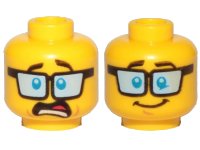 LEGO part Minifigure, Head Dual Sided Blue Tinted Glasses, Dark Brown Eyebrows, Shocked / Smile Pattern 3626pb1841