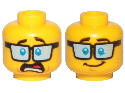 LEGO onderdeel Minifigure, Head Dual Sided Blue Tinted Glasses, Dark Brown Eyebrows, Shocked / Smile Pattern (3626pb1841)