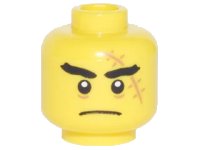 LEGO part Minifigure, Head Black Thick Eyebrows, Large Medium Nougat Scar with Stitches, Closed Mouth Frown Pattern 3626pb1878