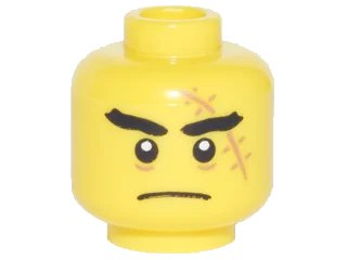 LEGO onderdeel Minifigure, Head Black Thick Eyebrows, Large Medium Nougat Scar with Stitches, Closed Mouth Frown Pattern (3626pb1878)
