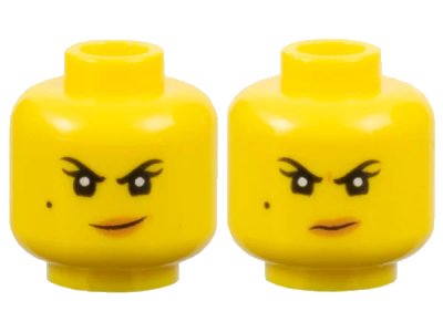 LEGO onderdeel Minifigure, Head Dual Sided Female Black Eyebrows, Single Eyelashes, and Beauty Mark, Nougat Lips, Smirk with Dimple / Scowl with Wrinkle between Eyes Pattern (3626pb1888)