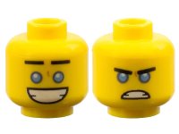 LEGO part Minifigure, Head Dual Sided Black Straight Eyebrows, Medium Blue Eyes, Large Open Mouth Smile with Teeth / Angry Scowl Pattern 3626pb1894