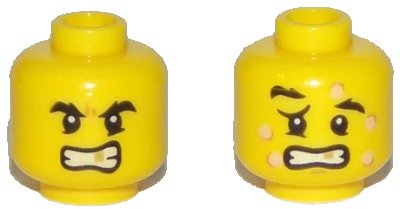 LEGO onderdeel Minifigure, Head Dual Sided Black Eyebrows, Gold Tooth, Five Bee Stings, Determined / Crestfallen Pattern (3626pb1967)