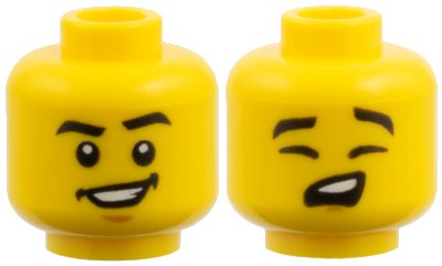 LEGO part Minifigure, Head Dual Sided Black Eyebrows, Wide Smile, Chin / Eyes Closed, Singing Pattern (3626pb1974)