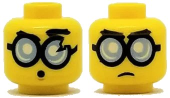 LEGO onderdeel Minifigure, Head Dual Sided Glasses Round with Bright Light Blue Lenses and Black Frames, Frown / Surprised Pattern (Steve) (3626pb2020)