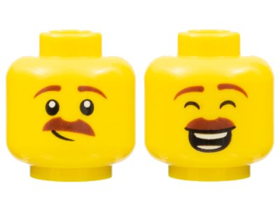 LEGO part Minifigure, Head Dual Sided Reddish Brown Eyebrows and Moustache, Lopsided Grin / Closed Eyes, Open Mouth Smile with Teeth Parted Pattern (3626pb2148)
