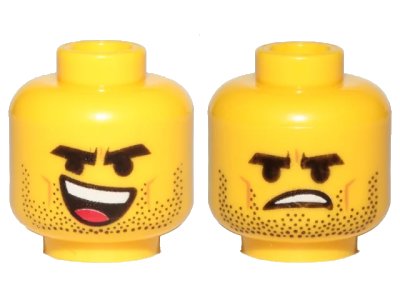 LEGO onderdeel Minifigure, Head Dual Sided Black Eyebrows, Stubble, Open Smile, Tongue / Angry Pattern (Rex Dangervest) - Hollow Stud (3626pb2303)