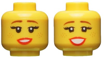 LEGO onderdeel Minifigure, Head Dual Sided Female, Reddish Brown Eyebrows, Freckles, Red Lips, Medium Smile / Large Smile Pattern - Hollow Stud (3626pb2311)
