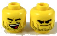 LEGO part Minifigure, Head Dual Sided Black Thick Eyebrows and Stubble, Closed Eyes Open Mouth / Smirk with Lowered Eyebrows Pattern - Hollow Stud 3626pb2317
